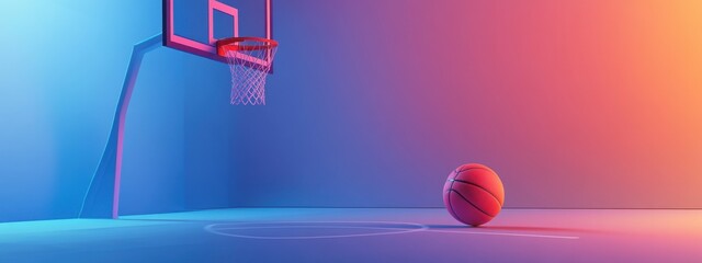 Basketball Court Scene: Neon Lights and a Single Ball Ready for the Shot