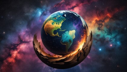 Obraz premium Cosmic Egg A vibrant planet nestled within a shattered celestial cradle, adrift in a nebula of swirling colors.