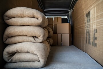 Inside a Removal Van With Stacked Fabric Blankets and Cardboard Boxes Ready for Transport. Generative AI