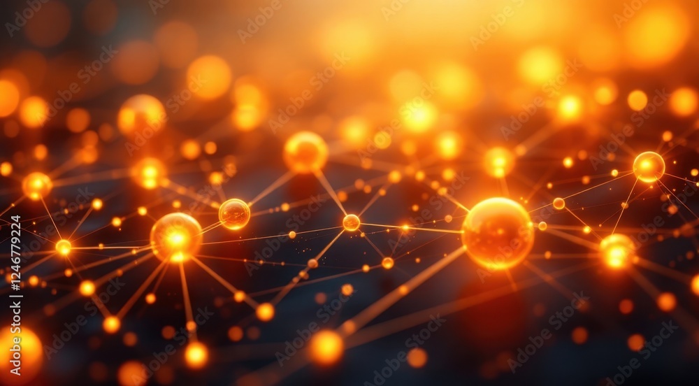 Poster glowing orange spheres connected in abstract networking pattern with soft light