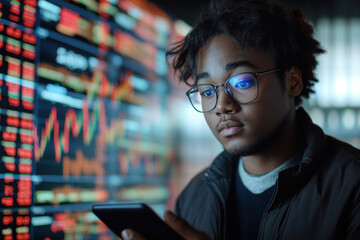 Man analyzing stock market data on screen, intense expression.