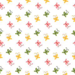  Seamless Pattern with Colorful Butterflies in Pink, Yellow, and Green on a White Background – Whimsical Spring and Summer Design