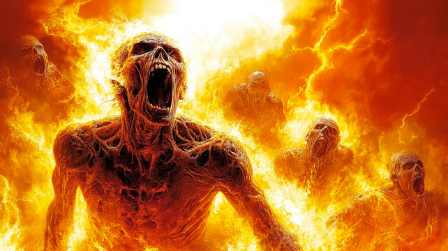 Sinner burning in fire of hell, screaming in pain, indescribable eternal suffering