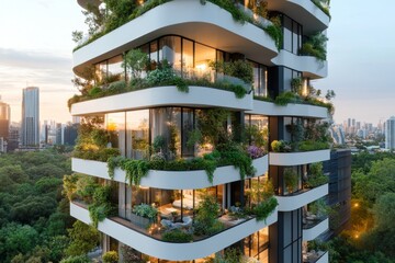 A high-rise residential complex with lush vertical gardens covering its facade