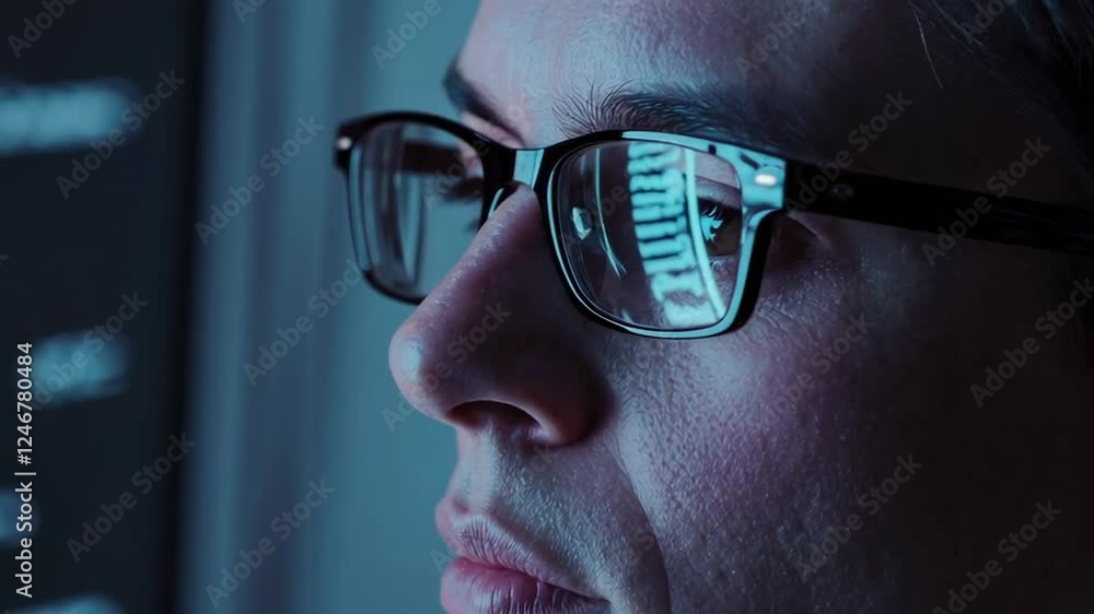 Poster Focused programmer wearing glasses, reflecting glowing code lines on computer screen during intense work session in dimly illuminated professional workspace