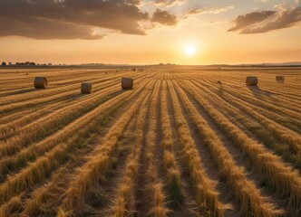 Fototapeta premium Golden Hour Hay Bales in a Vast Agricultural Field at Sunset