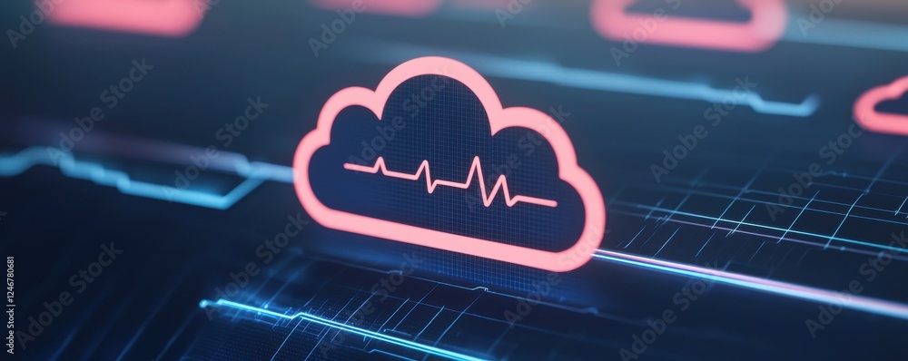 Poster digital cloud icon with heartbeat line, symbolizing health data and technology integration in modern