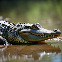 Obraz premium Large Crocodile Partially Submerged in a Muddy River with Eyes and Snout Visible Above Water
