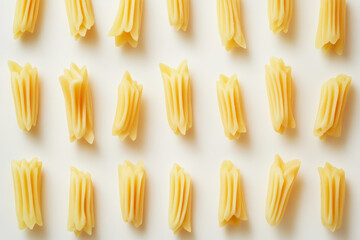 "Bunch of pasta on white surface, surrounded by fresh basil leaves and ripe cherry tomatoes, ready for a delicious Italian meal."