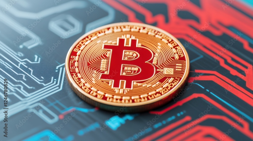 Poster A Bitcoin coin rests on a digital circuit board, symbolizing cryptocurrency technology and finance innovation.