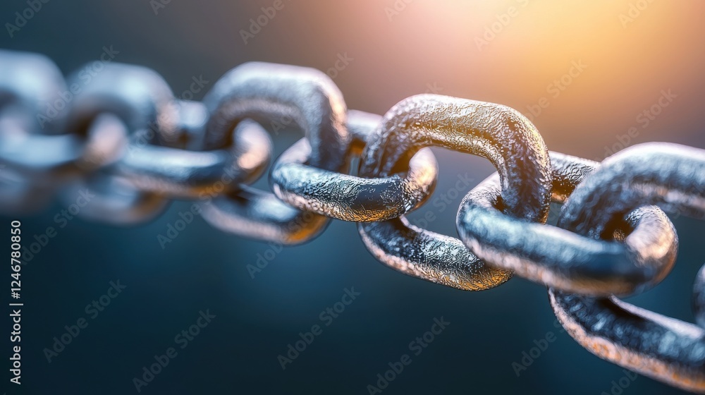 Poster A close-up view of a metallic chain, showcasing its links and texture with a blurred background, highlighting its strength and durability.