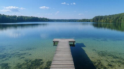 Obraz premium Tranquil lake pier, summer, clear water, forest background, relaxation