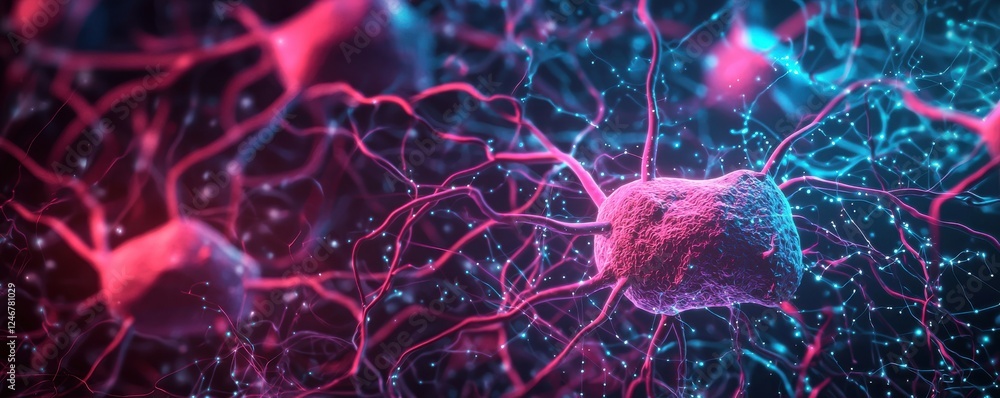 Poster vibrant illustration of interconnected neurons showcasing a colorful network of synapses and dendrit