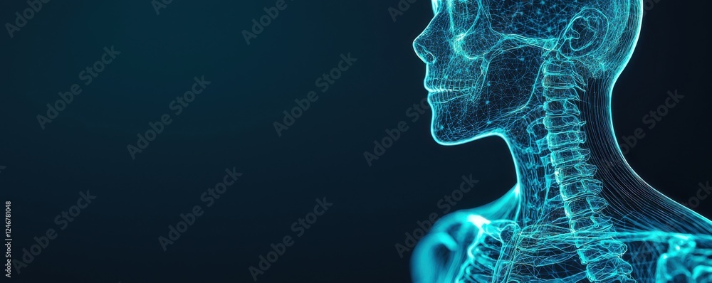 Aufkleber a digital representation of a human figure, showcasing a skeletal structure with a glowing blue outl