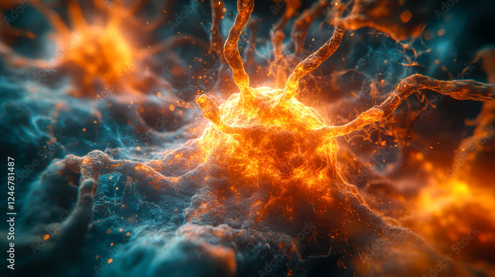 Poster digital artistic representation of a neural system with glowing blue and orange nodes