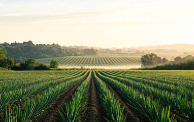 Fototapeta premium Aerial view of sunrise over lush countryside nature's tranquil beauty