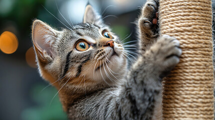 A mischievous cat pawing at a dangling toy, with a playful expression on its face
