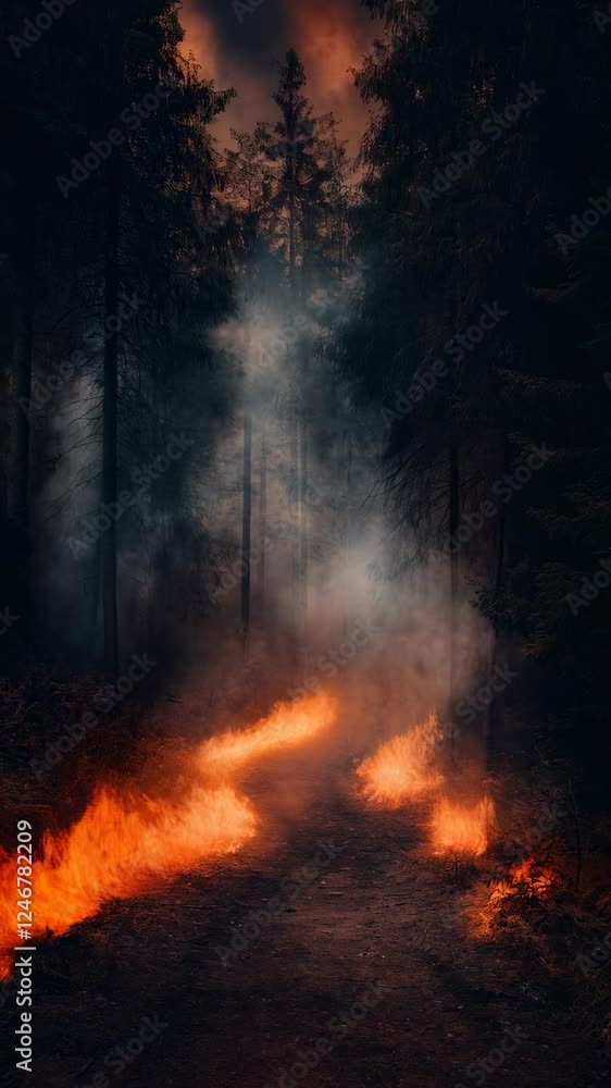 Poster low fire burning along a winding path in a dark forest at night, casting an eerie glow with swirling