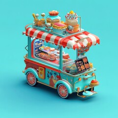 Colorful dessert cart, street food, teal background, delicious treats