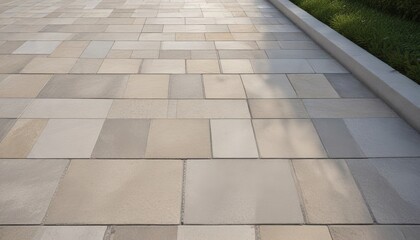 A sun-drenched pathway of subtly textured stone tiles, exhibiting a harmonious blend of neutral tones and featuring a neatly trimmed grassy border