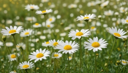 Fototapeta premium A vibrant field of daisies in full bloom, showcasing their delicate white petals and sunny yellow centers, creating a picturesque summer scene