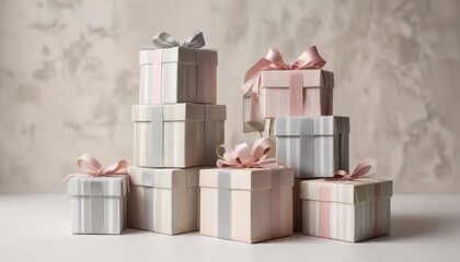 Obraz premium A collection of elegantly wrapped presents with pastel ribbons, stacked and arranged for a celebratory occasion.