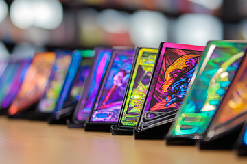 trading card collection spread, competitive scene