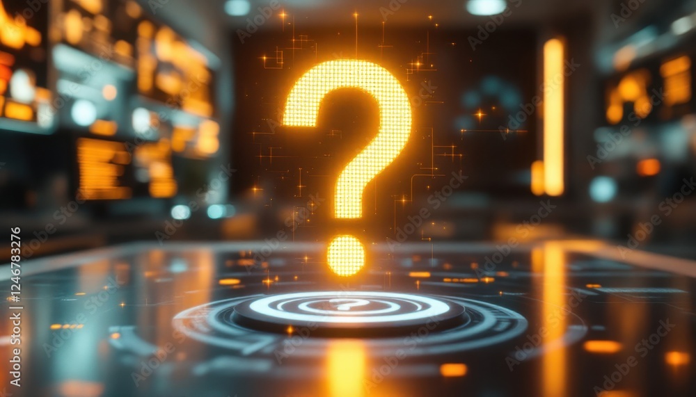 Poster glowing question mark on futuristic digital interface in tech environment