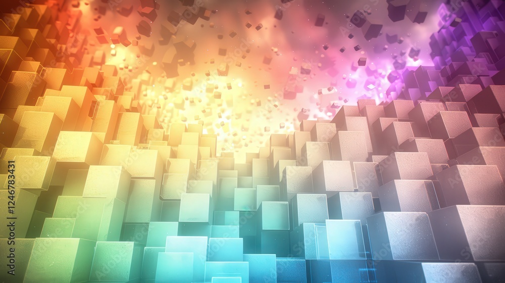 Poster a vibrant, abstract landscape featuring colorful cubes and geometric shapes, creating a sense of dep