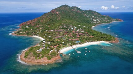 Obraz premium A breathtaking aerial view of a tropical island, with white sandy beaches and clear blue lagoons.
