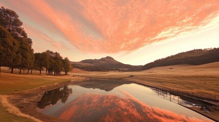 Fototapeta premium Tranquil sunset reflection serene lake landscape natural environment wide angle peaceful scene