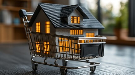 Home purchase, illuminated model in shopping cart, indoor