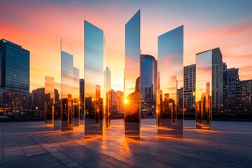 A massive outdoor art installation featuring mirrored structures reflecting the surrounding cityscape