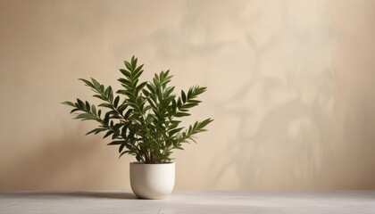 Serene indoor plant in a minimalist white pot against a muted beige wall with soft light and shadow patterns