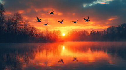 Obraz premium Birds in flight over a serene lake, their reflections shimmering on the water surface