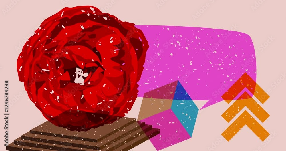 Poster risograph rose and speech bubble with geometric shapes animation. moving object in trendy riso graph
