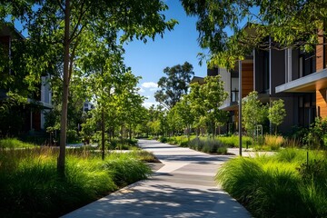 Fototapeta premium Modern Residential Street with Lush Landscaping and Sunny Day