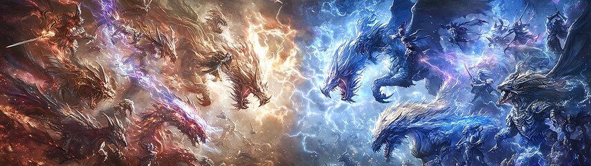 Fototapeta premium Fire & ice dragons clash; epic fantasy battle; game art