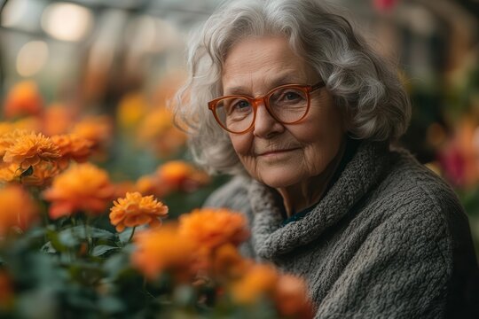 serene elderly woman gardening in sunlit greenhouse surrounded by blooming flowers warm natural light creating gentle shadows on her content face