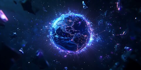 Obraz premium a glowing blue earth in the vastness of space, surrounded by twinkling stars, symbolizing global connectivity, technology, and the interconnectedness of our planet in the universe