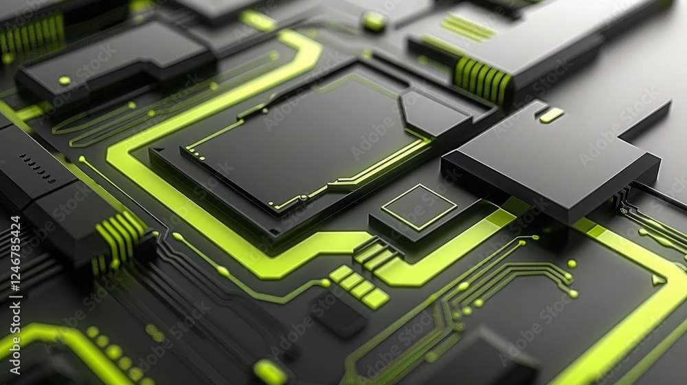 Poster a close-up view of a circuit board featuring intricate patterns, black components, and vibrant green