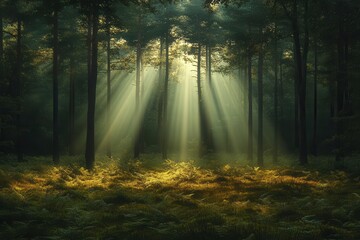 Fototapeta premium serene forest clearing illuminated by sunbeams streaming through the trees creating a magical atmosphere filled with wildlife and vibrant greenery