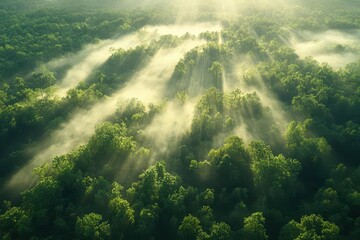 serene forest clearing illuminated by sunbeams streaming through the trees creating a magical atmosphere filled with wildlife and vibrant greenery