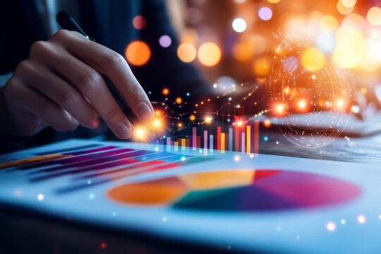 A business professional presenting a statistical report with bar graphs in a conference room