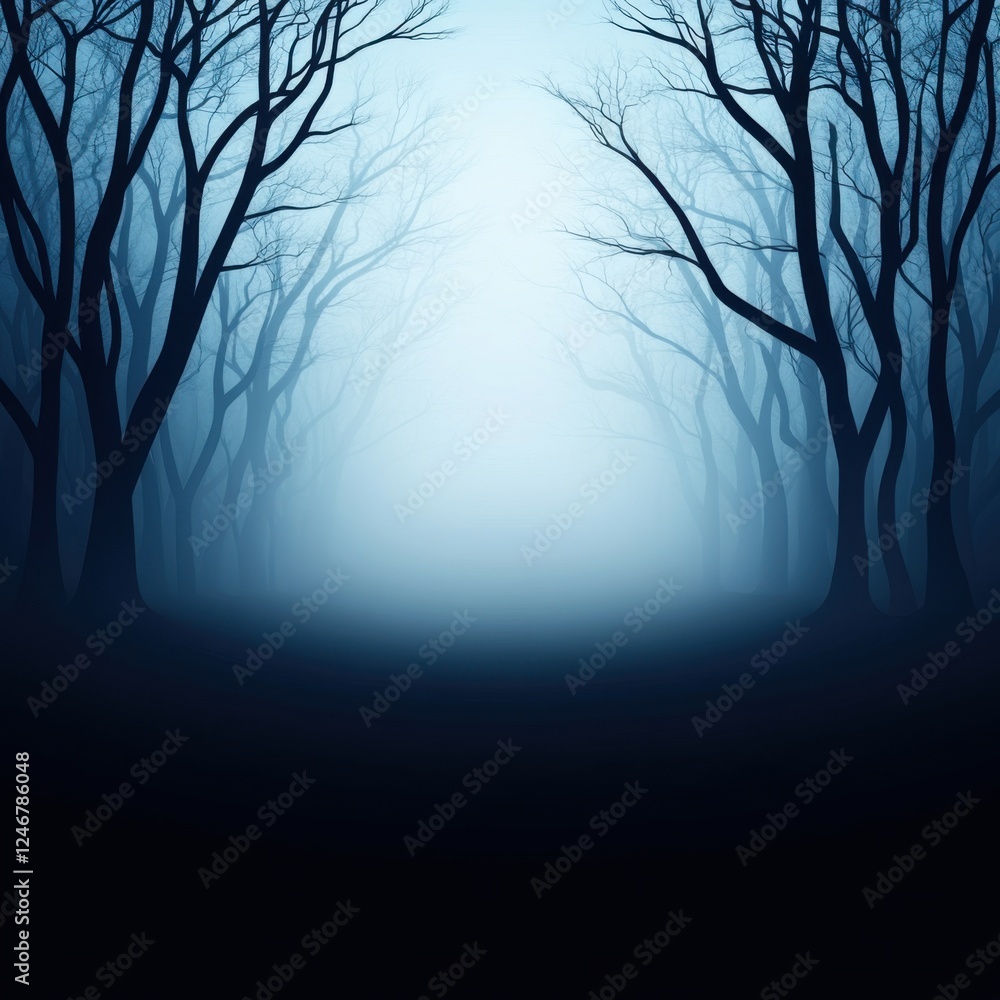 Poster dark mysterious forest landscape with gloomy fog and bare trees in the background at twilight