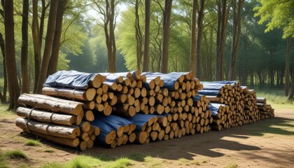 Stacks of freshly cut logs covered with blue tarps sit in a sun-dappled forest clearing.