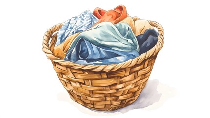 A wicker basket holds a pile of colorful laundry