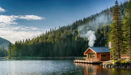 Obraz premium Cozy cabin by the serene lake surrounded by lush green mountains in summer