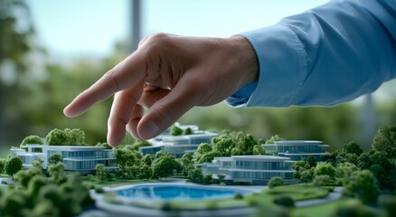 Fototapeta premium Real Estate Agent Pointing at Architectural Model of Home with Small Plants Around