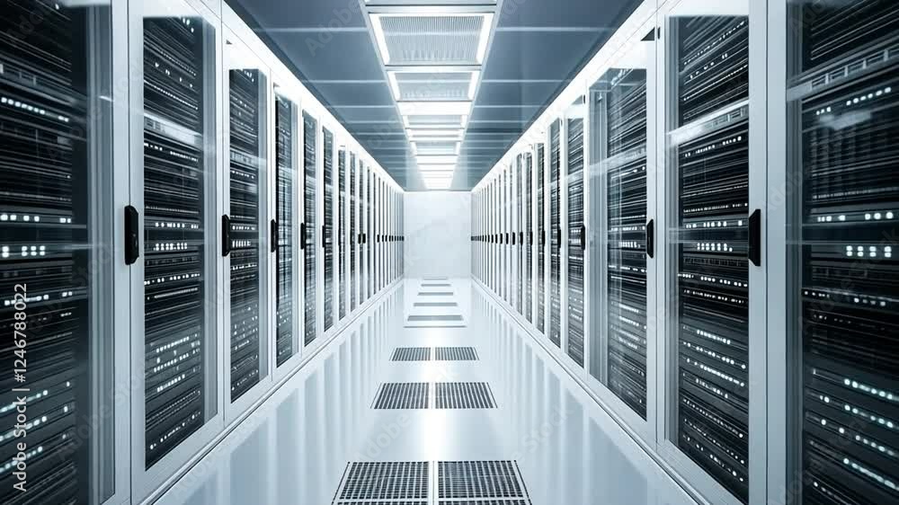 Poster data center aisle: a futuristic vision of data storage and processing, with rows of server racks lin